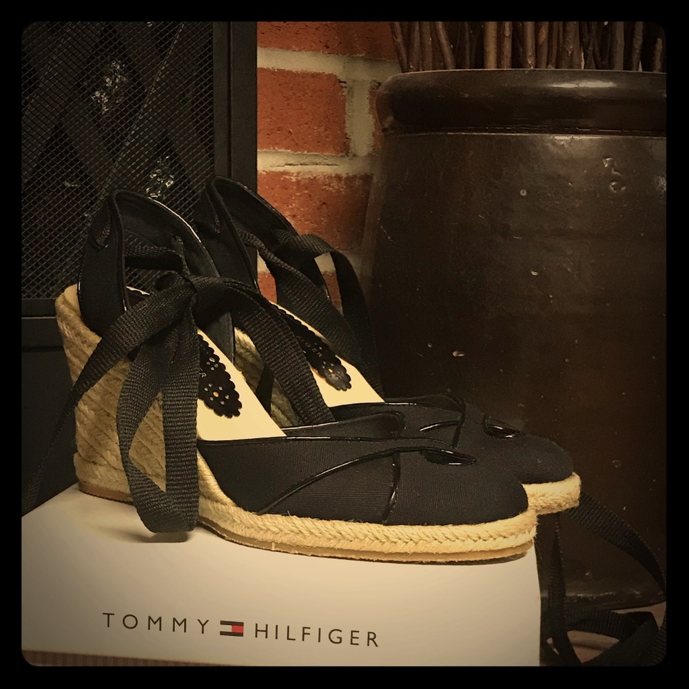Black espadrille lace up wedge